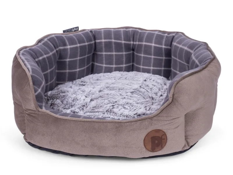 Petface Grey Check and Bamboo Oval Dog Bed